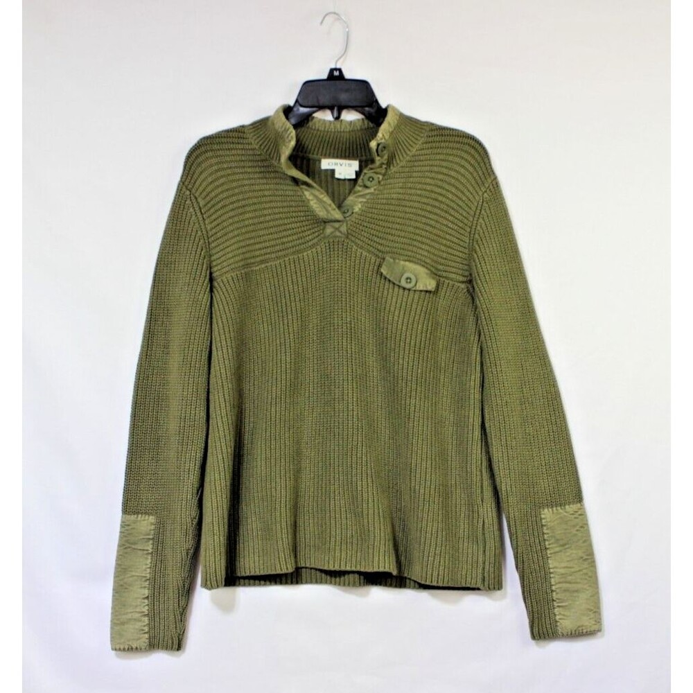 Orvis Sweater Mens Medium Green Pullover 1/4 Button 100% Cotton Outdoors Casual